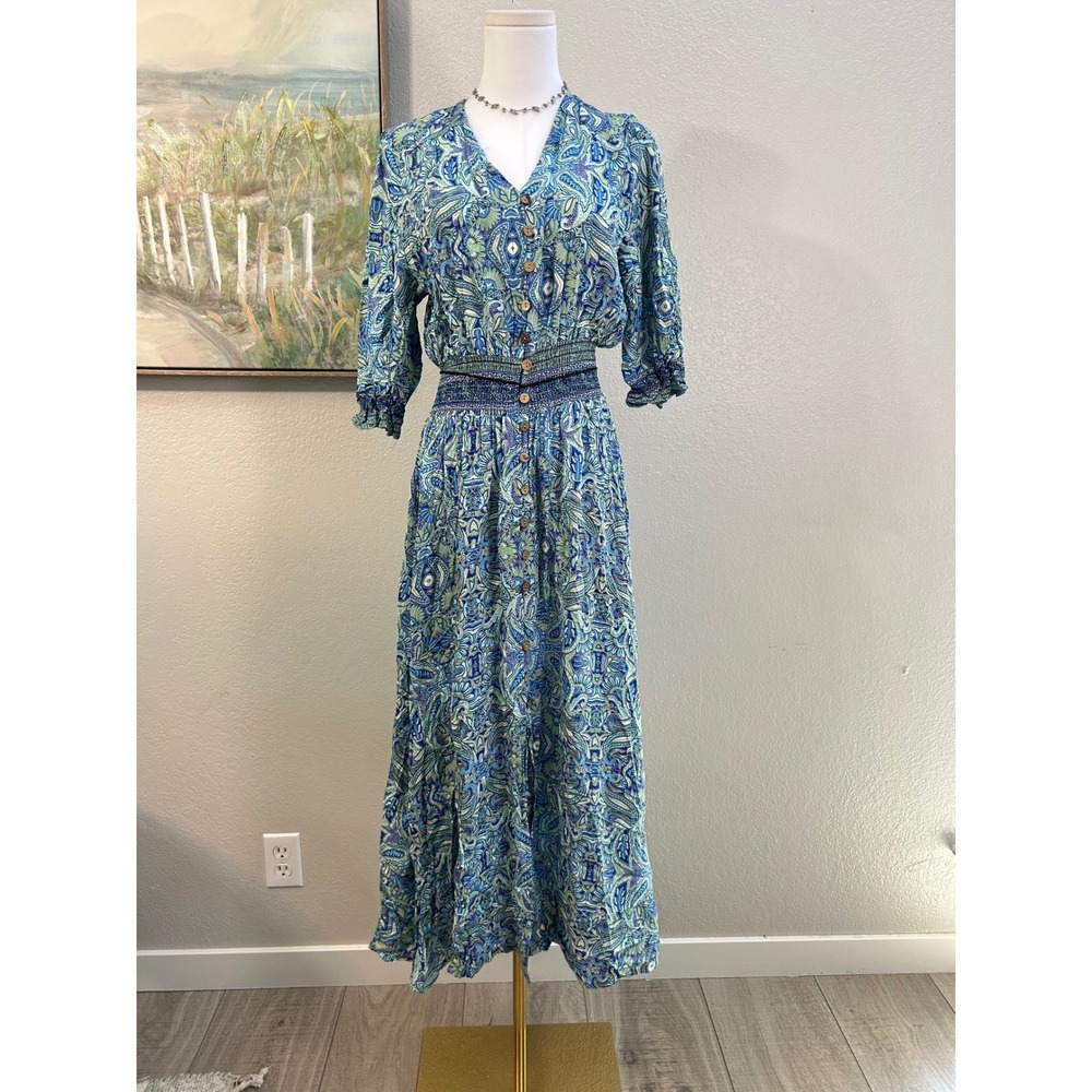 Blue Paisley Boho Midi Dress Smocked Waist Button Front Tassel Tie Size Large